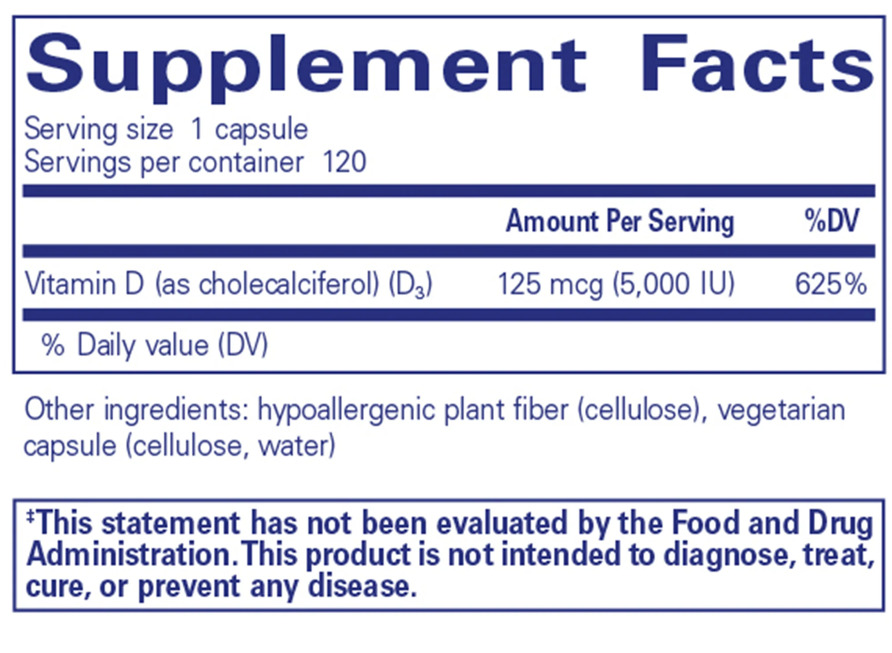 Vitamin D3 125mcg (5,000IU) Ingredients Pure Encapsulations